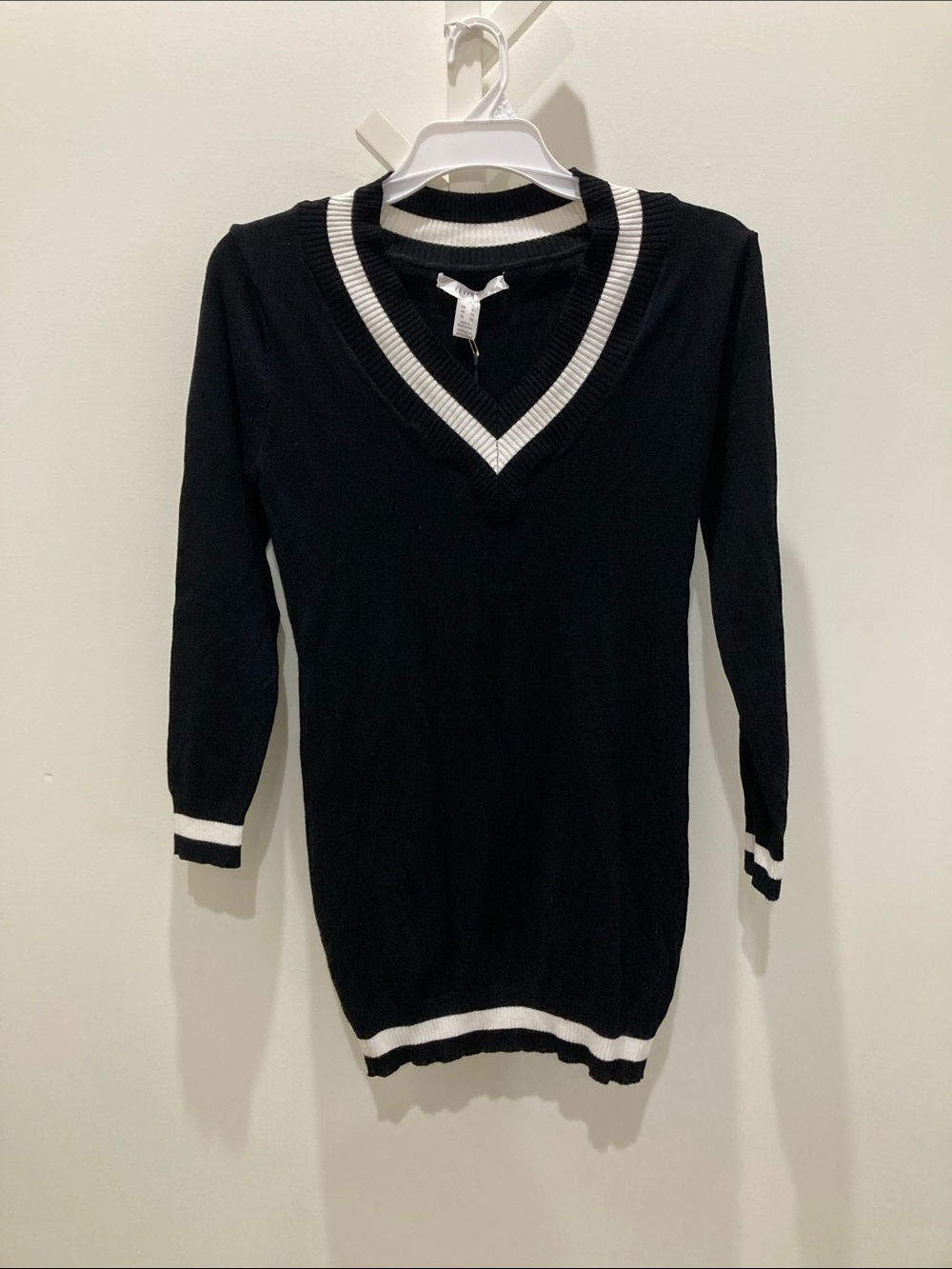 Revamped Black V-Neck Sweater with White Trim